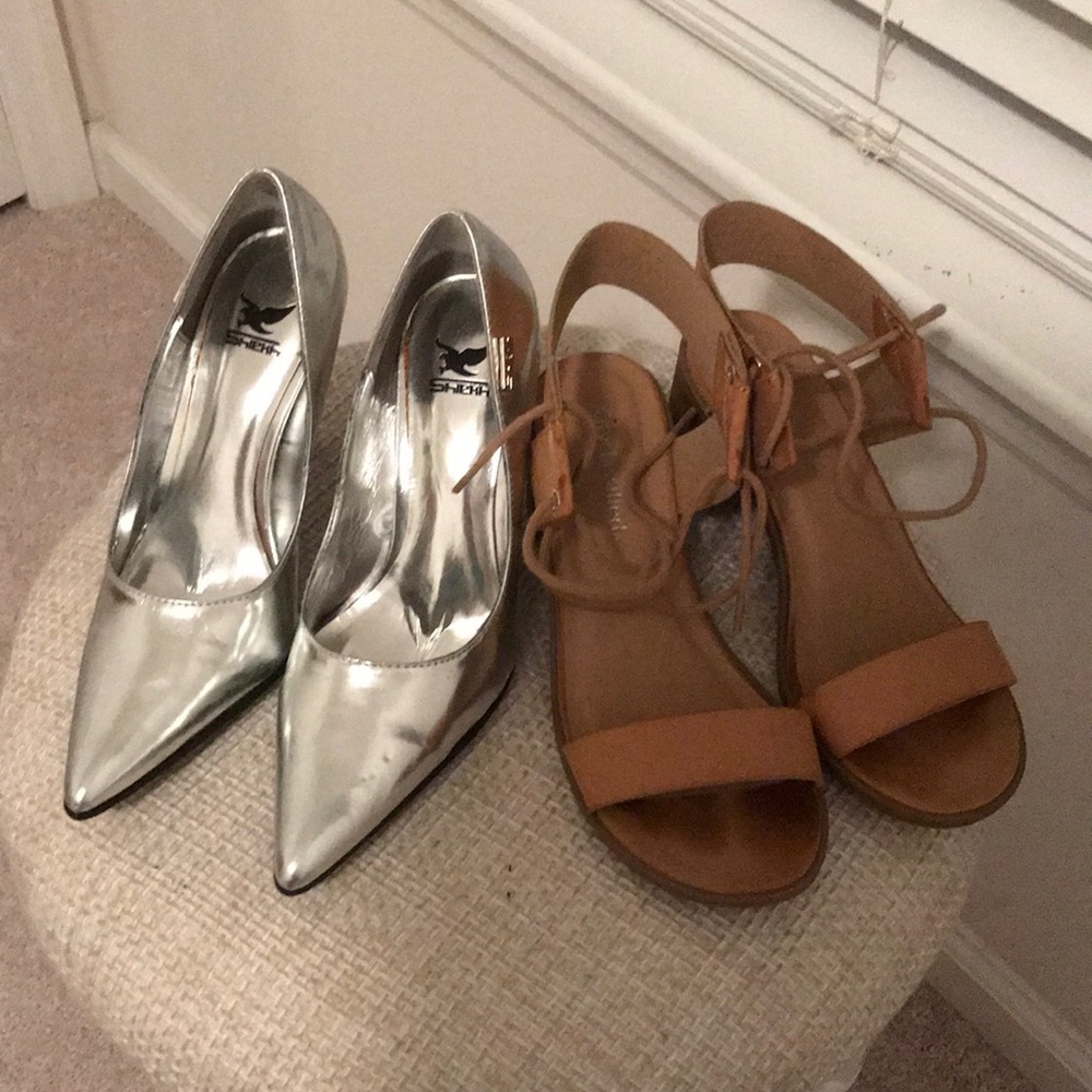 Festive silver pumps and tan block heeled sandals